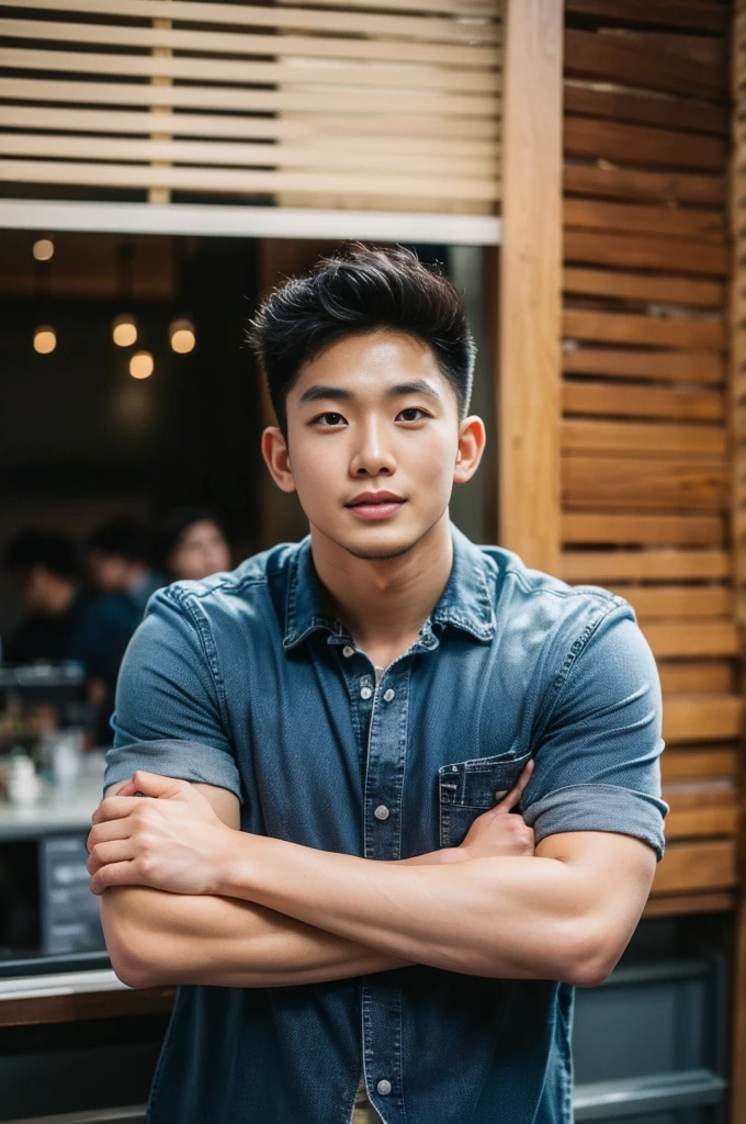 ((realistic daylight)) , Young Korean man in a black t-shirt with no pattern, a denim shirt, and jeans., A handsome, muscular young Asian man looks at the camera. , in a Thai restaurant ,turn sideways
