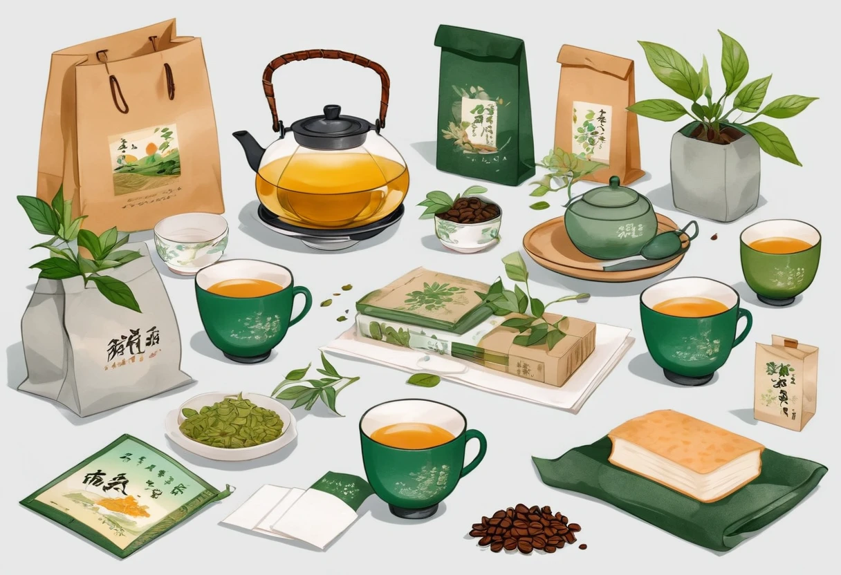 A set of tea sets for casual relaxation with illustrations,calligraphic fonts with green tones,coffee bags,paper bags,prints and accessories,with the theme of the harvest world,clean light gray background,(niji:2),hand-drawn,illustration style