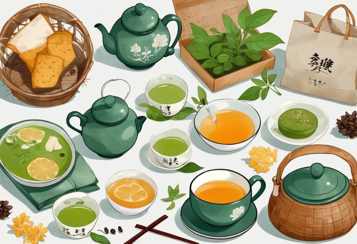 A set of tea sets for casual relaxation with illustrations,calligraphic fonts with green tones,coffee bags,paper bags,prints and accessories,with the theme of the harvest world,clean light gray background,(niji:2),hand-drawn,illustration style
