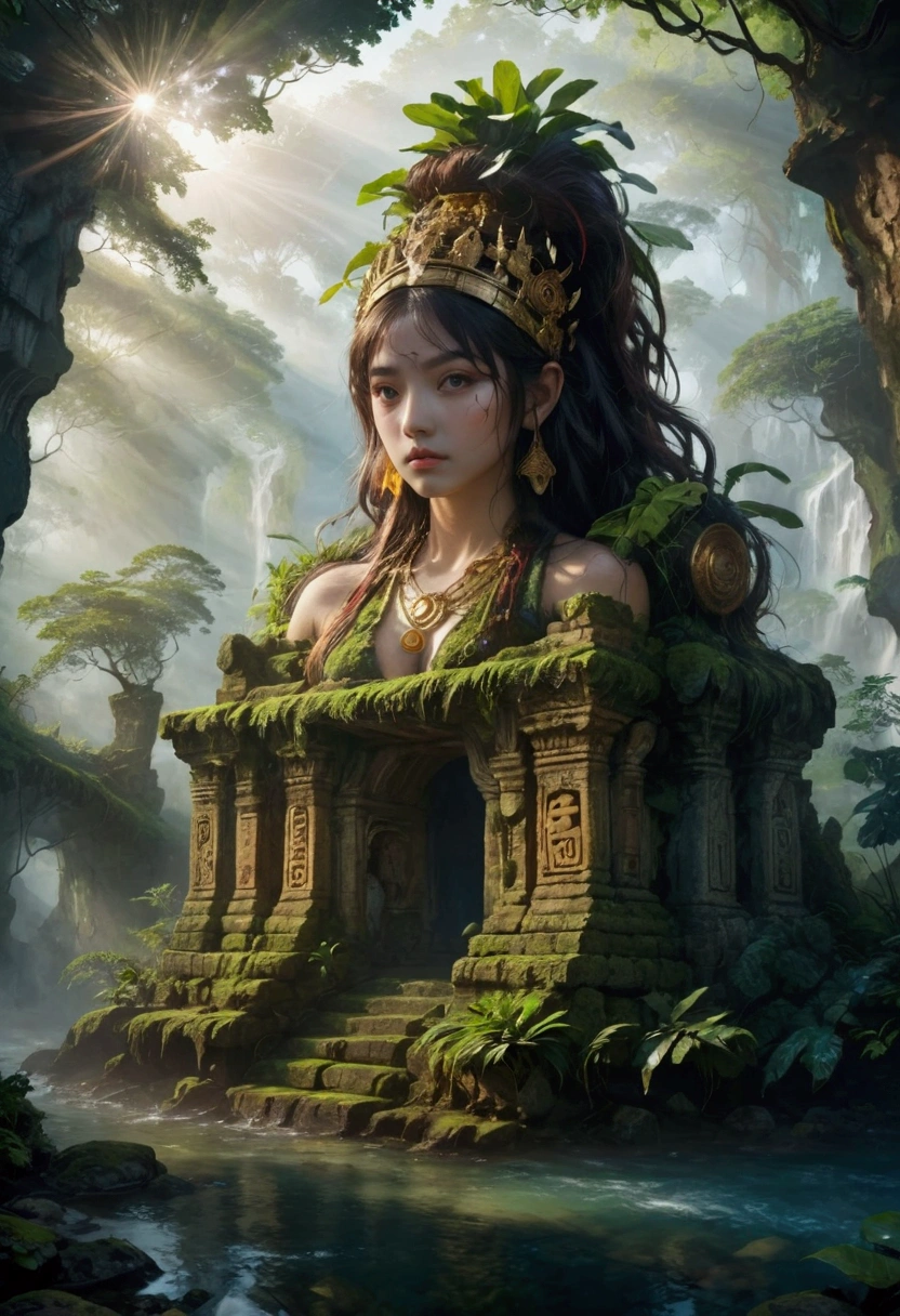 1girl, island, a mysterious island, lush tropical jungle, overgrown vegetation, winding rivers and waterfalls, ancient ruins and crumbling stone temples, sunlight filtering through the canopy, mist and fog obscuring the horizon, mysterious creatures lurking in the shadows, intricate carvings and hieroglyphics, weathered and mossy stone, golden sun rays, dramatic lighting, cinematic composition, vibrant colors, 8k, ultra-detailed, masterpiece, best quality, very aesthetic, absurdres