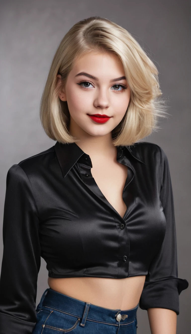 ultrarealistic high quality mugshot photo of a beautiful busty european 18-year-old girl with cute hyperdetailed shy happy face and shoulder length platin-blonde classic bob and long legs, realistic round eyes, red lipgloss, decent makeup with eyeliner, wearing black button-up satin blouse, cleavage, hourglass body, indoor office photography