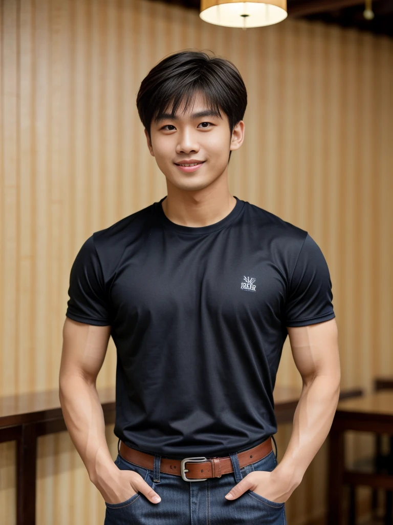 独奏: 1.5, (As a matter of fact, Masterpiece, 8k HD, good light quality, sportswear, fit the face, complicated details), A handsome Korean young man with muscular arms. , 20 years old, be happy, smile brightly, detailed face, delicate eyes, look at the sky, Wear a navy tight T-shirt.:1.6 , jeans period, black eyes, Black hair color, ผมsmooth, smooth，Surreal，Superb details，Highest quality，real，Open your mouth to talk. , Close your eyes., (Standing in a Thai restaurant, Burmese temple:1.1)