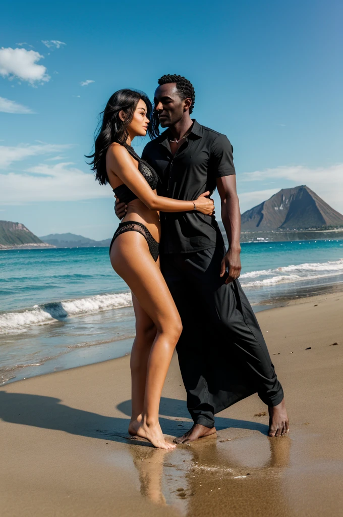 couple (dark man and dark woman) Are on the beach with the sea, sand and mountain background.

INFO
