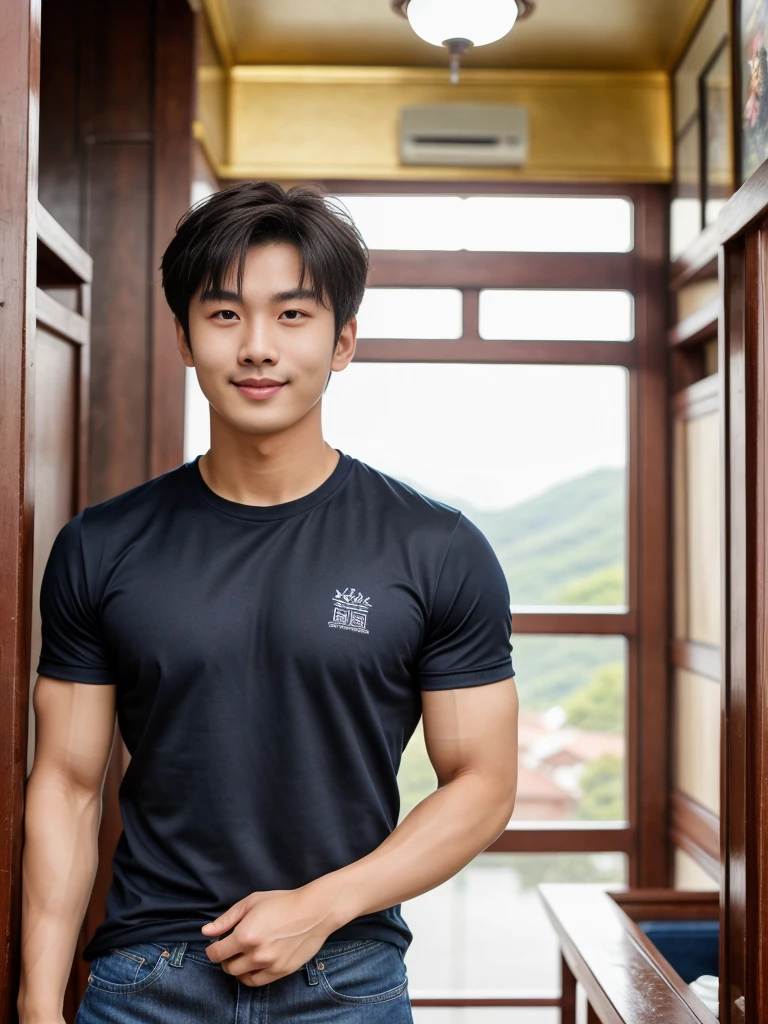 独奏: 1.5, (As a matter of fact, Masterpiece, 8k HD, good light quality, sportswear, fit the face, complicated details), A handsome Korean young man with muscular arms. , 20 years old, be happy, smile brightly, detailed face, delicate eyes, look at the sky, Wear a navy tight T-shirt.:1.6 , jeans period, black eyes, Black hair color, ผมsmooth, smooth,Surreal,Superb details,Highest quality,real,Open your mouth to talk. , Close your eyes., (Standing in a Thai restaurant, Burmese temple:1.1)