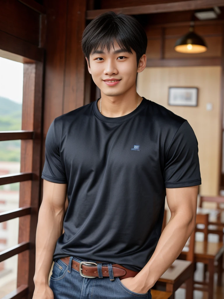 独奏: 1.5, (As a matter of fact, Masterpiece, 8k HD, good light quality, sportswear, fit the face, complicated details), A handsome Korean young man with muscular arms. , 20 years old, be happy, smile brightly, detailed face, delicate eyes, look at the sky, Wear a navy tight T-shirt.:1.6 , jeans period, black eyes, Black hair color, ผมsmooth, smooth,Surreal,Superb details,Highest quality,real,Open your mouth to talk. , Close your eyes., (Standing in a Thai restaurant, Burmese temple:1.1)