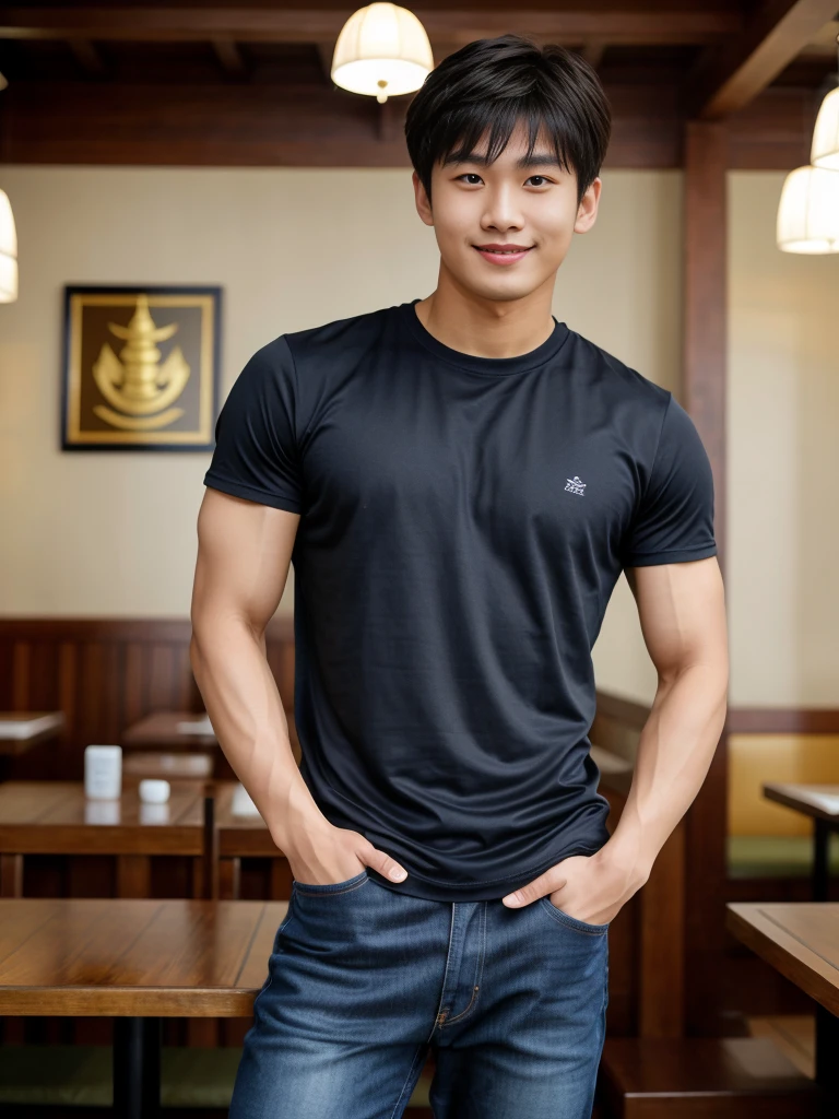 独奏: 1.5, (As a matter of fact, Masterpiece, 8k HD, good light quality, sportswear, fit the face, complicated details), A handsome Korean young man with muscular arms. , 20 years old, be happy, smile brightly, detailed face, delicate eyes, look at the sky, Wear a navy tight T-shirt.:1.6 , jeans period, black eyes, Black hair color, ผมsmooth, smooth,Surreal,Superb details,Highest quality,real,Open your mouth to talk. , Close your eyes., (Standing in a Thai restaurant, Burmese temple:1.1)
