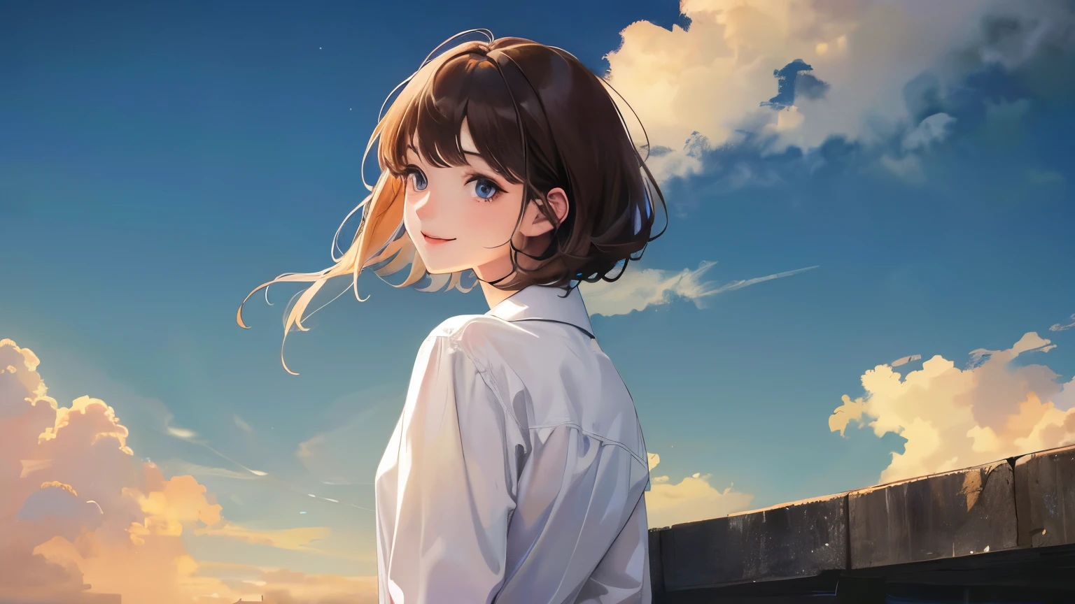 ((Evening sky background))、(((Smile)))、((()))、((1 person)),Masterpiece,best quality, ((Backlight))),Sandals ,((White shirt))、(()),determined expression, Upper body diagram、 (Highest Resolution、Clear_image)、Best Quality、Light and shadow contrast、((Backlight))、Very detailed、Semi-realistic、Short Hair Styles、Brown Hair、bangs、19 years old、　Young lady,,young、((View from top))、Delicate Facial Features
