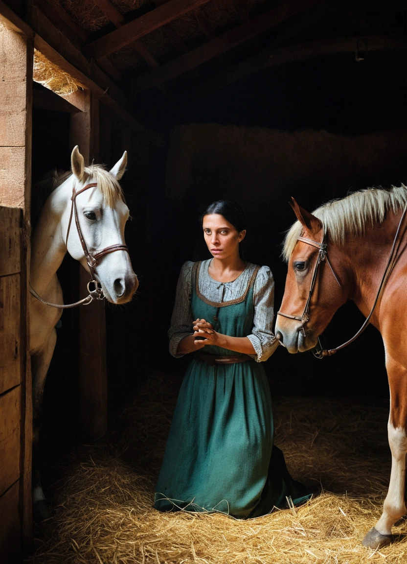 a woman(maria) a man(jose) inside a stable, settling among the animals.