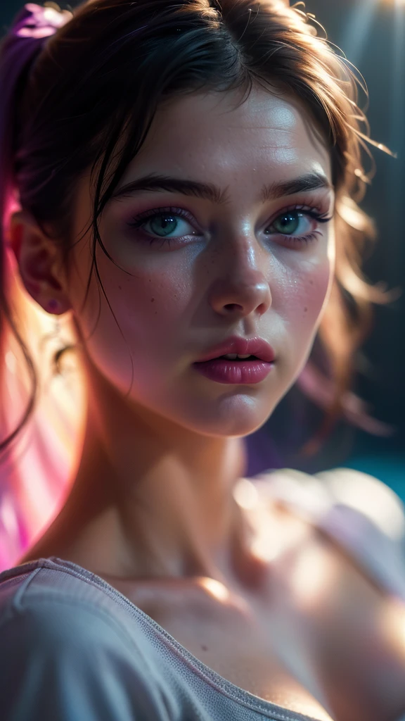 (((ultra realistic))) Photo, masterpiece, top quality, (pale skin), (Ultra detailed face and eyes:1.3), 1 girl, Adult, in a T-shirt, (Eye makeup, mascara) , ((large detailed lips)), ((purple волнистые волосы)), ((Chyolka)) , (Natural breasts), Slim waist. ((Posing)), photoshoot, studio (soft lighting), (The play of light and shadows), depth of field, bokeh, (special attention to skin detail: 1.2), Detailed leather texture, skin pores. (Warm atmosphere of the frame. Color range - black, purple, Pink, blue tones), UDR, ((Film grain)), ((rays)), ((glare of the sun)), ((waist up portrait, close to the camera)) , ultra detialed,