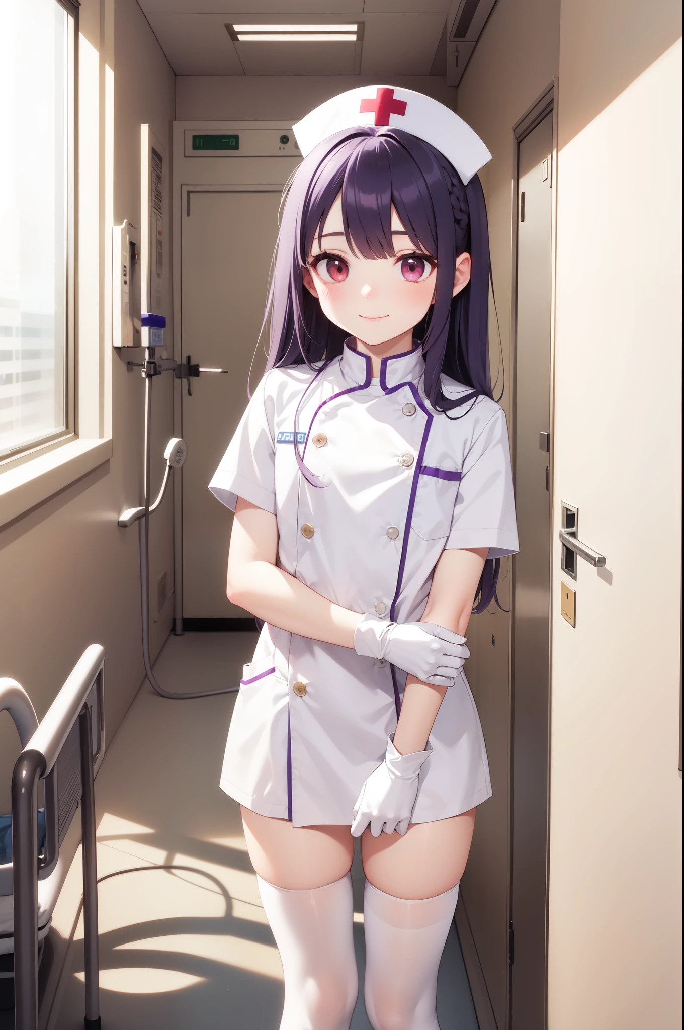 1boy, solo, male focus, nurse, white nurse cap, white nurse uniform, ((white legwear, zettai ryouiki)), white gloves, long hair, purple hair, red eyes, smile, standing, ((hospital room)), sharp outline, short sleeves, shota, , best quality, masterpiece