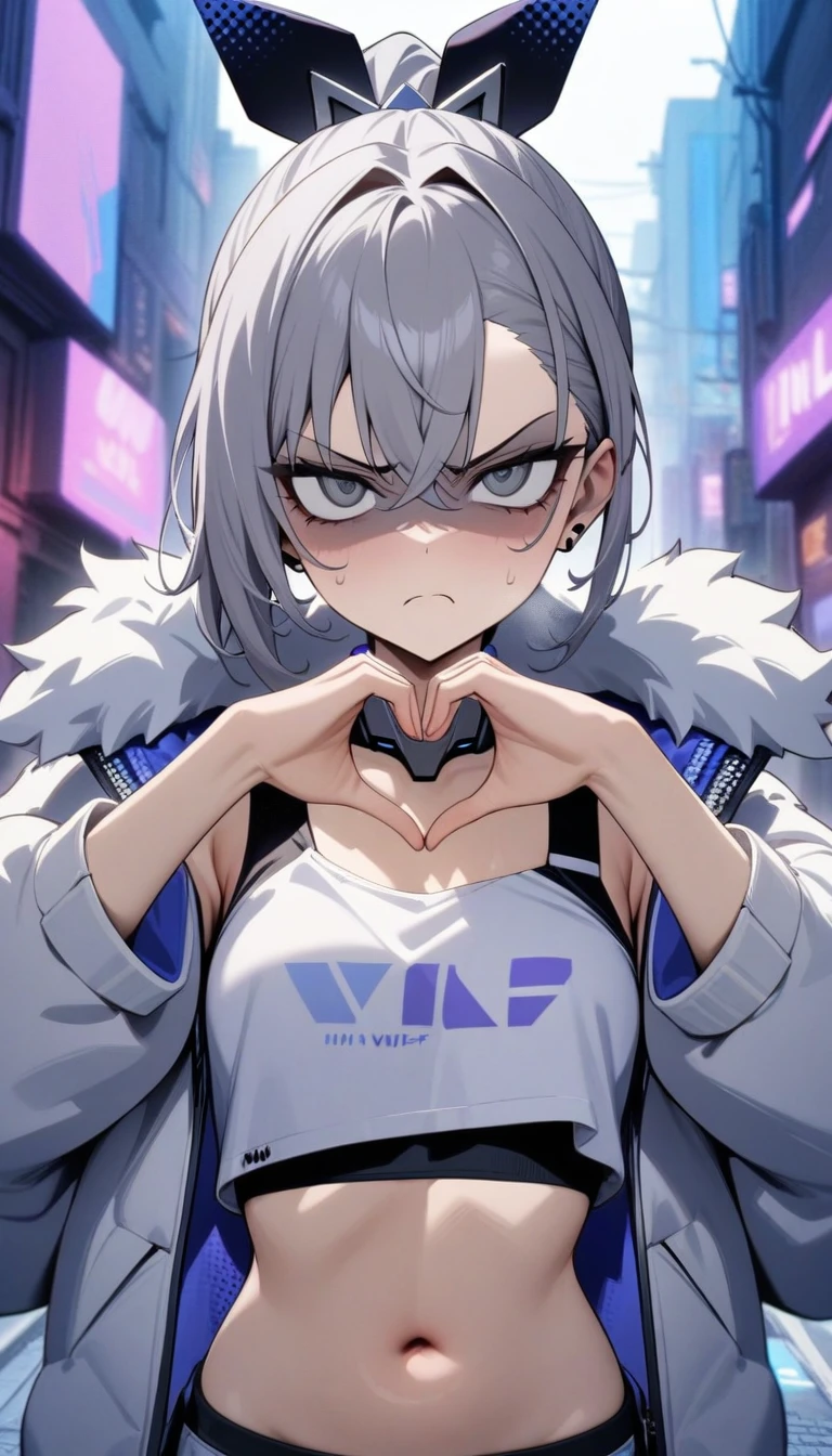 masterpiece, best quality, very aesthetic, absurdres, newest,1girl,upper body, (contempt, disgust,shaded face,looking at viewer,frown),heart-shaped gesture,,silver wolf, gray eyes, high ponytail, cyberpunk, white top, open belly, shorts, fur coat,in street