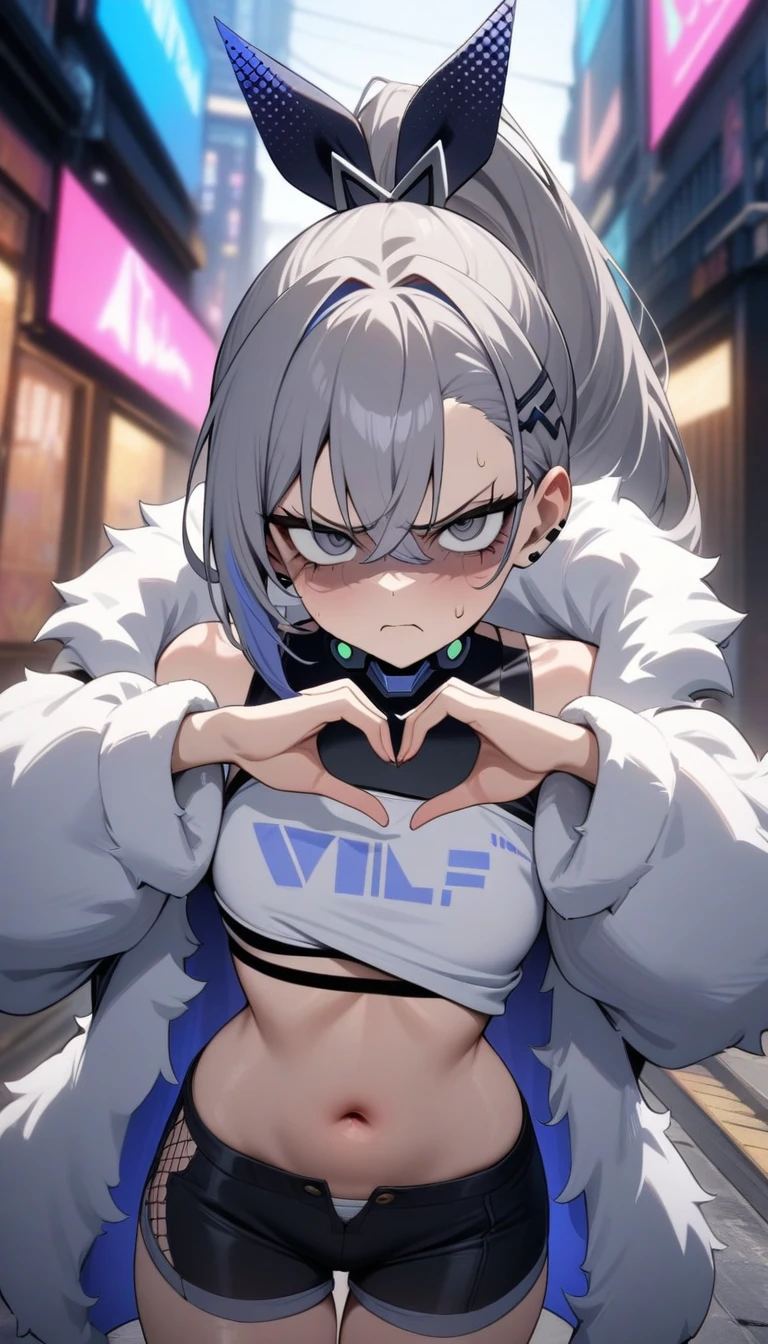 masterpiece, best quality, very aesthetic, absurdres, newest,1girl,upper body, (contempt, disgust,shaded face,looking at viewer,frown),heart-shaped gesture,,silver wolf, gray eyes, high ponytail, cyberpunk, white top, open belly, shorts, fur coat,in street