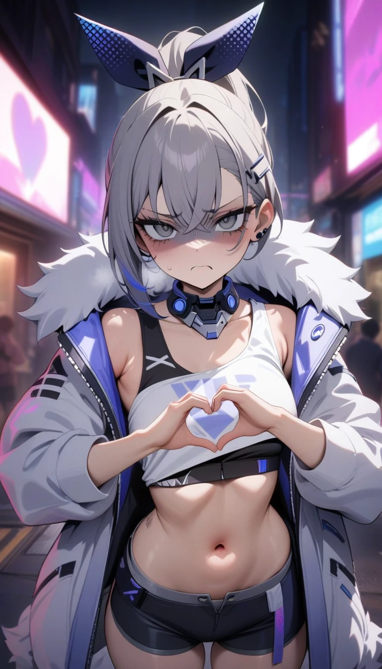 masterpiece, best quality, very aesthetic, absurdres, newest,1girl,upper body, (contempt, disgust,shaded face,looking at viewer,frown),heart-shaped gesture,,silver wolf, gray eyes, high ponytail, cyberpunk, white top, open belly, shorts, fur coat,in street