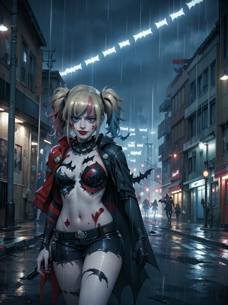 Full shot, Harley Quinn wearing the Batsuit in the heavy rain. on the streets of ghotam city in a neo city style. serious expression. walking. batman suit, batman cape flying through the air behind her. accessories related to batman and harley quinn. overnight.  