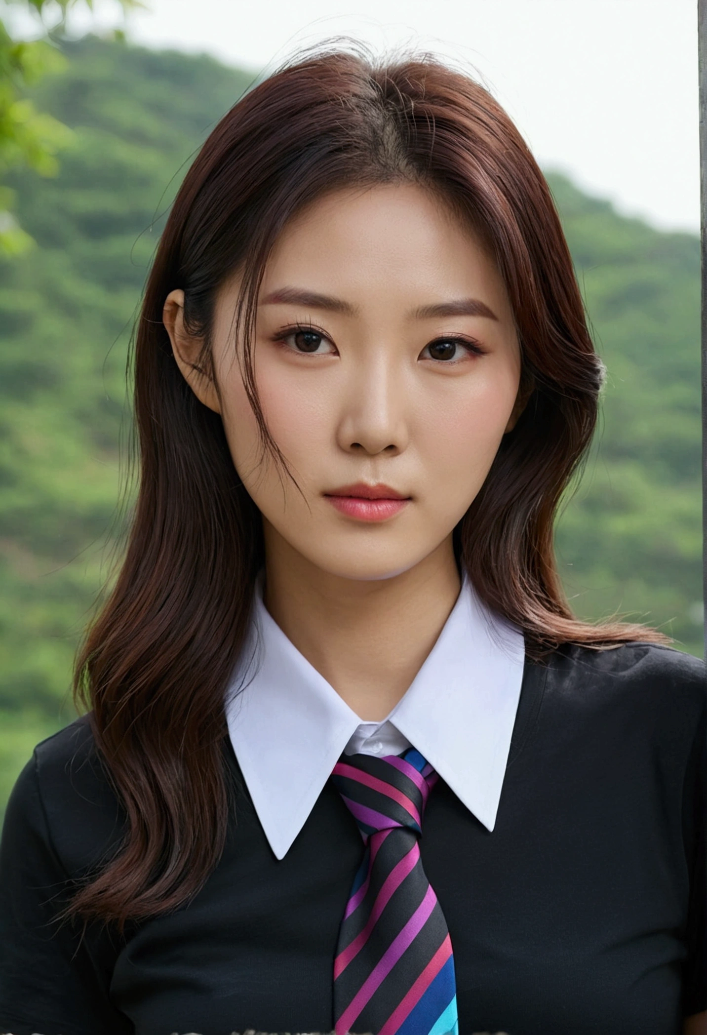 Close up of beautiful Korean woman, 34 inch chest size, tie hair, Wearing a black T-shirt, Scenery background, Ultra HD