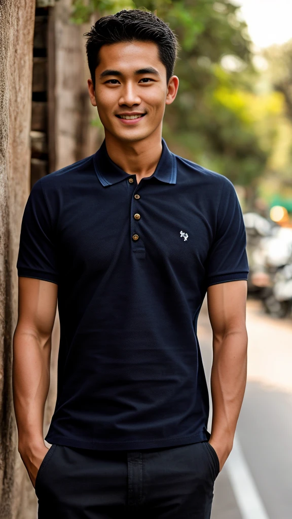 Thai man ,man，He is about 30 years old..，Rough and handsome appearance，large breastsj，Big waistline，buzz cut, angry, sullen, best quality, Masterpiece，（Have muscles：4.5），(best quality,high resolution,Masterpiece:1.2),The eyes are natural and delicate..,1 person,alone,gay asian,muscle,Long legs,brave,short hair details,conjunctivitis ,strong,brown eyes, (outdoor background road :1.5)，in the market，sit (dark blue polo shirt:1.3),Jeans ,smile
