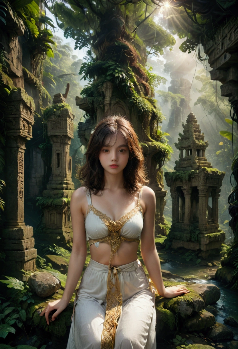 1girl, island, a mysterious island, lush tropical jungle, overgrown vegetation, winding rivers and waterfalls, ancient ruins and crumbling stone temples, sunlight filtering through the canopy, mist and fog obscuring the horizon, mysterious creatures lurking in the shadows, intricate carvings and hieroglyphics, weathered and mossy stone, golden sun rays, dramatic lighting, cinematic composition, vibrant colors, 8k, ultra-detailed, masterpiece, best quality, very aesthetic, absurdres