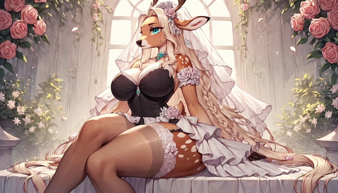 score_9, score_8_up, score_7_up, score_6_up, score_5_up, score_4_up, (solo), female anthro deer, bride dress, lusty, fluffy body, long blond hair, turquoise eyes, sitting, (thick thighs:1.5) (she is sitting) garter belt tights, big breasts, from the back, backsite, from back (black dress)