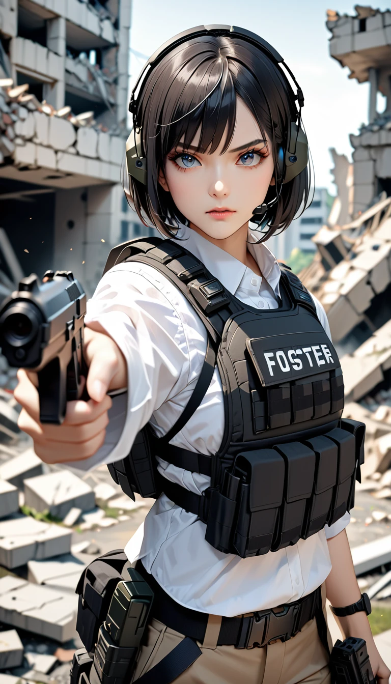 (masterpiece,Highest quality,Ultra-high resolution),One Woman,Japanese,Black Hair,Short Bob,(((Beautiful Eyes,Beautiful Hair,Beautiful Skin,Beautiful Face))),Serious,whole body,(((pointing pistol))),Pistol,White shirt,Black bulletproof vest,Combat Boots,Black Tactical Forster,Tactical Headset,(The background is the rubble of ruins),(((Background Blur)))