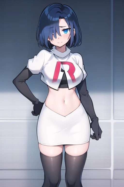 1girl,  kirishima touka, blue hair, hair over one eye, blue eyes, team rocket,team rocket uniform,white skirt,red letter R,crop top,black thigh-highs,black elbow gloves