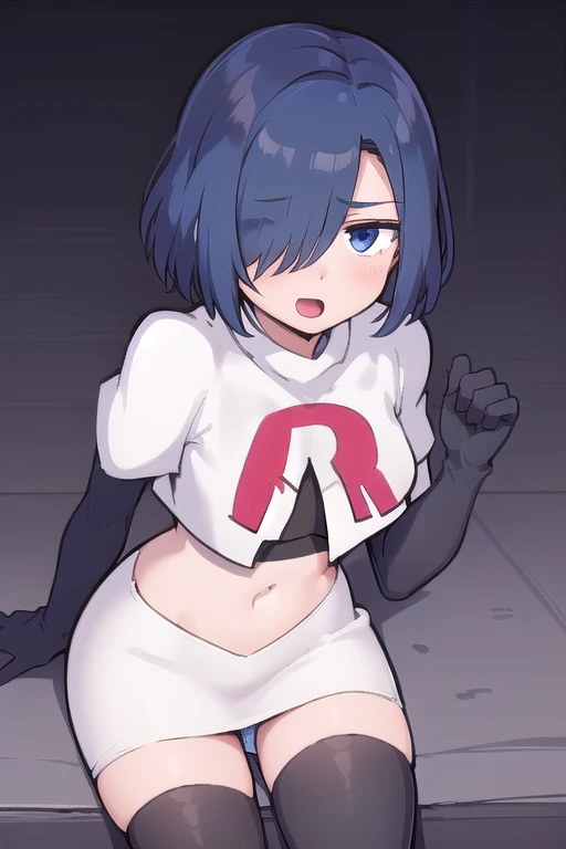1girl, kirishima touka, blue hair, hair over one eye, blue eyes, team rocket,team rocket uniform,white skirt,red letter R,crop top,black thigh-highs,black elbow gloves