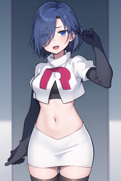 1girl,  kirishima touka, blue hair, hair over one eye, blue eyes, team rocket,team rocket uniform,white skirt,red letter R,crop top,black thigh-highs,black elbow gloves