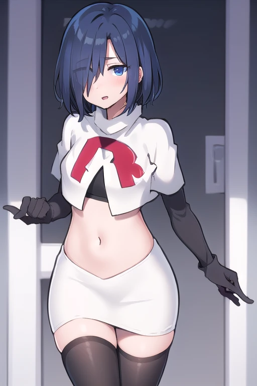 1girl,  kirishima touka, blue hair, hair over one eye, blue eyes, team rocket,team rocket uniform,white skirt,red letter R,crop top,black thigh-highs,black elbow gloves