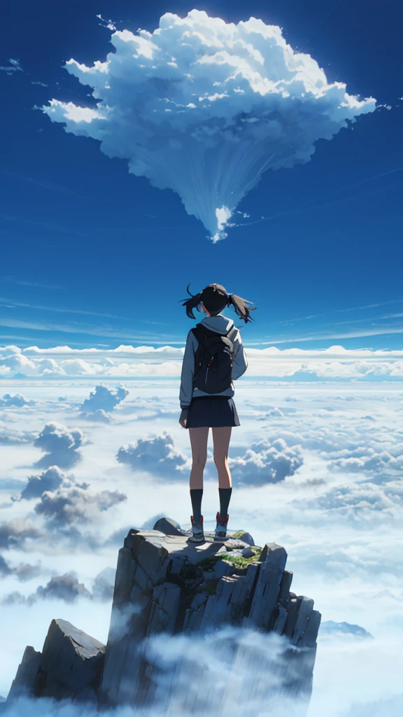 A girl standing on a mountain going above clouds, wearing a , with a blue sky and clouds background. The girl is facing away from the viewer. The image should be very detailed, with a resolution of 8k and high resolution.