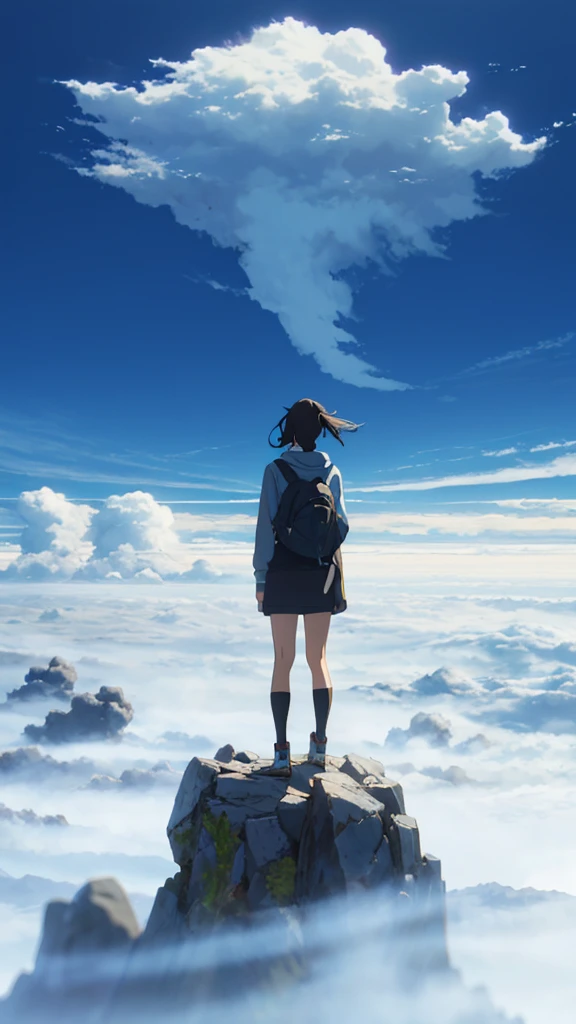 A girl standing on a mountain going above clouds, wearing a , with a blue sky and clouds background. The girl is facing away from the viewer. The image should be very detailed, with a resolution of 8k and high resolution.