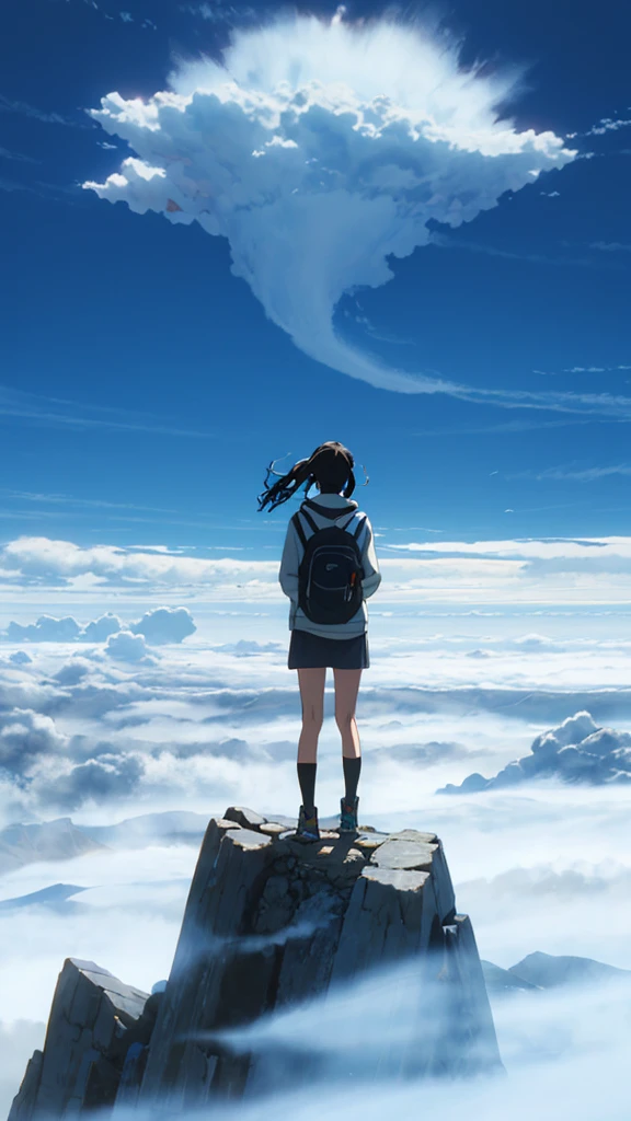 A girl standing on a mountain going above clouds, wearing a , with a blue sky and clouds background. The girl is facing away from the viewer. The image should be very detailed, with a resolution of 8k and high resolution.