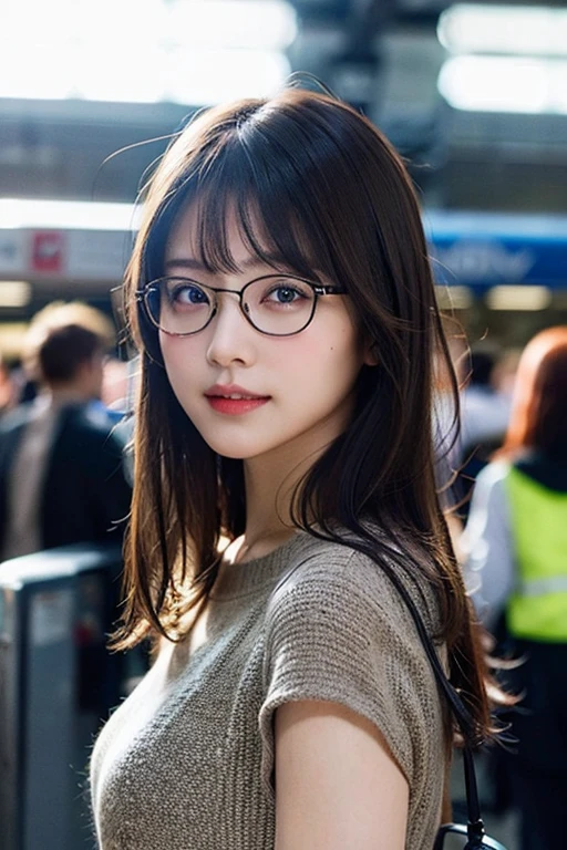 (8k、RAW Photos、Highest quality、masterpiece:1.2)、(Realistic、Photorealistic:1.37)、Ultra-detailed、Ultra-high resolution、1 girl、Seeing the viewer、Beautifully detailed face、Laughter、narrow、(Narrow waist) :1.3)、shortcut、Beautifully detailed skin、Skin Texture、Floating Hair、Professional Lighting、Waiting for the train on the platform、Black-rimmed square glasses 、Human whole body、Brown Hair