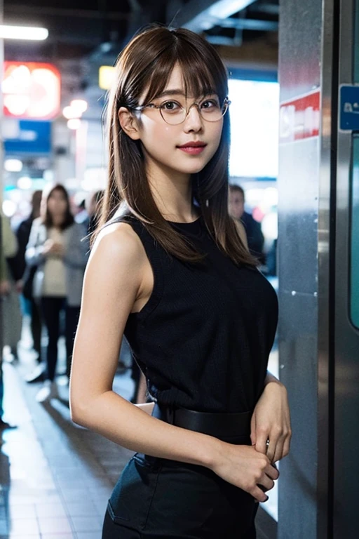 (8k、RAW Photos、Highest quality、masterpiece:1.2)、(Realistic、Photorealistic:1.37)、Ultra-detailed、Ultra-high resolution、1 girl、Seeing the viewer、Beautifully detailed face、Laughter、narrow、(Narrow waist) :1.3)、shortcut、Beautifully detailed skin、Skin Texture、Floating Hair、Professional Lighting、Waiting for the train on the platform、Black-rimmed square glasses 、Human whole body、Brown Hair