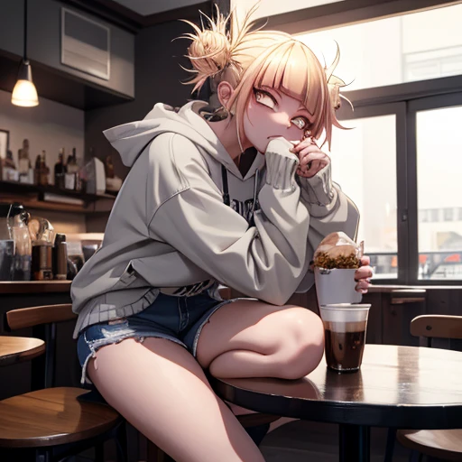 Himiko Toga, anime character from My Hero Academia, wearing an oversized grey hoodie, ripped denim shorts, and black sandals. She is sitting at a modern café table near the window, drinking a cappuccino with a thoughtful expression. The café has a cozy atmosphere with wooden furniture and soft lighting. [style: anime, background: café, pose: sitting, expression: thoughtful, lighting: soft]