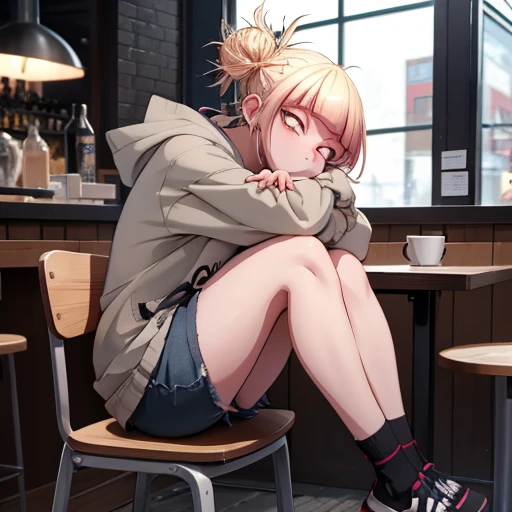 Himiko Toga, anime character from My Hero Academia, wearing an oversized grey hoodie, ripped denim shorts, and black sandals. She is sitting at a modern café table near the window, drinking a cappuccino with a thoughtful expression. The café has a cozy atmosphere with wooden furniture and soft lighting. [style: anime, background: café, pose: sitting, expression: thoughtful, lighting: soft]