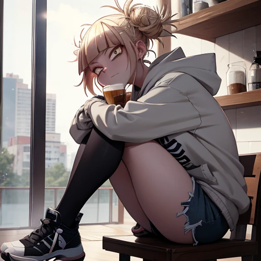 Himiko Toga, anime character from My Hero Academia, wearing an oversized grey hoodie, ripped denim shorts, and black sandals. She is sitting at a modern café table near the window, drinking a cappuccino with a thoughtful expression. The café has a cozy atmosphere with wooden furniture and soft lighting. [style: anime, background: café, pose: sitting, expression: thoughtful, lighting: soft]