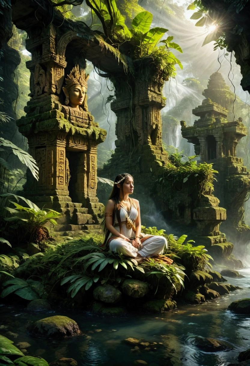 1girl, island, a mysterious island, lush tropical jungle, overgrown vegetation, winding rivers and waterfalls, ancient ruins and crumbling stone temples, sunlight filtering through the canopy, mist and fog obscuring the horizon, mysterious creatures lurking in the shadows, intricate carvings and hieroglyphics, weathered and mossy stone, golden sun rays, dramatic lighting, cinematic composition, vibrant colors, 8k, ultra-detailed, masterpiece, best quality, very aesthetic, absurdres