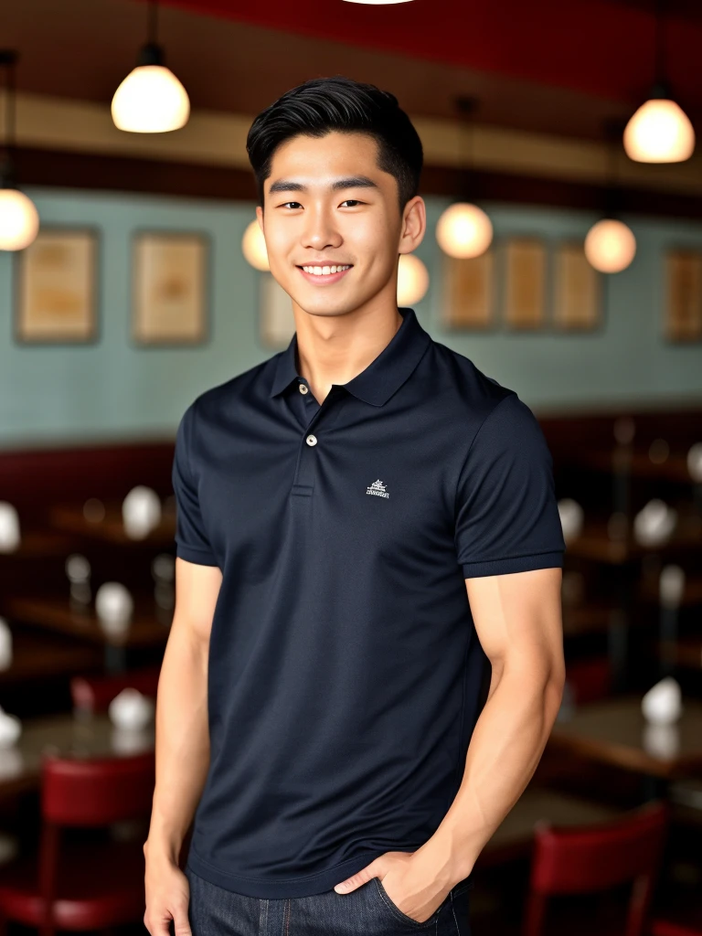 single: 1.5, (ที่TRUEแล้ว, Masterpiece, 8k HD, good light quality, sportswear, to fit the face, complicated details), A handsome Korean man with muscular arms.. , 20 years old, be happy, smile brightly, detailed face, delicate eyes, look at the sky, Wear a tight navy polo shirt..:1.6 ,Wear a denim coat.., Jeans era, black eyes, Black hair color, ผมsmooth, smooth，SurTRUE，Excellent details，Highest quality，TRUE，Open your mouth to talk.. , Close your eyes.., (Standing in a restaurant:1.5)