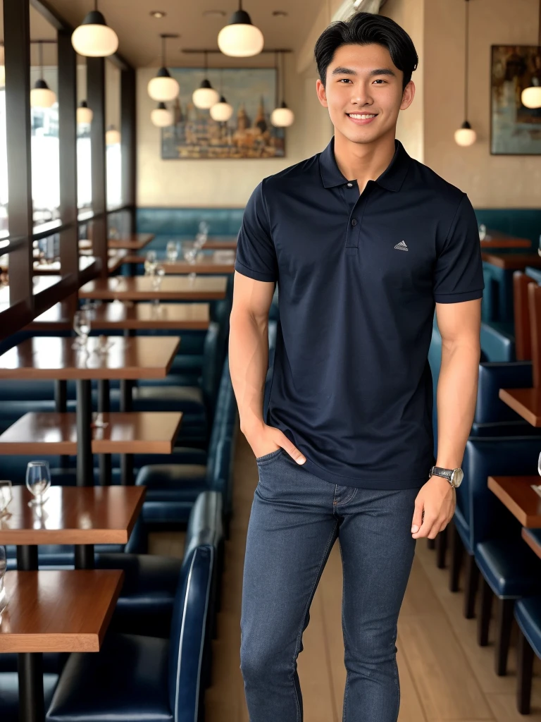 single: 1.5, (ที่TRUEแล้ว, Masterpiece, 8k HD, good light quality, sportswear, to fit the face, complicated details), A handsome Korean man with muscular arms.. , 20 years old, be happy, smile brightly, detailed face, delicate eyes, look at the sky, Wear a tight navy polo shirt..:1.6 ,Wear a denim coat.., Jeans era, black eyes, Black hair color, ผมsmooth, smooth,SurTRUE,Excellent details,Highest quality,TRUE,Open your mouth to talk.. , Close your eyes.., (Standing in a restaurant:1.5)