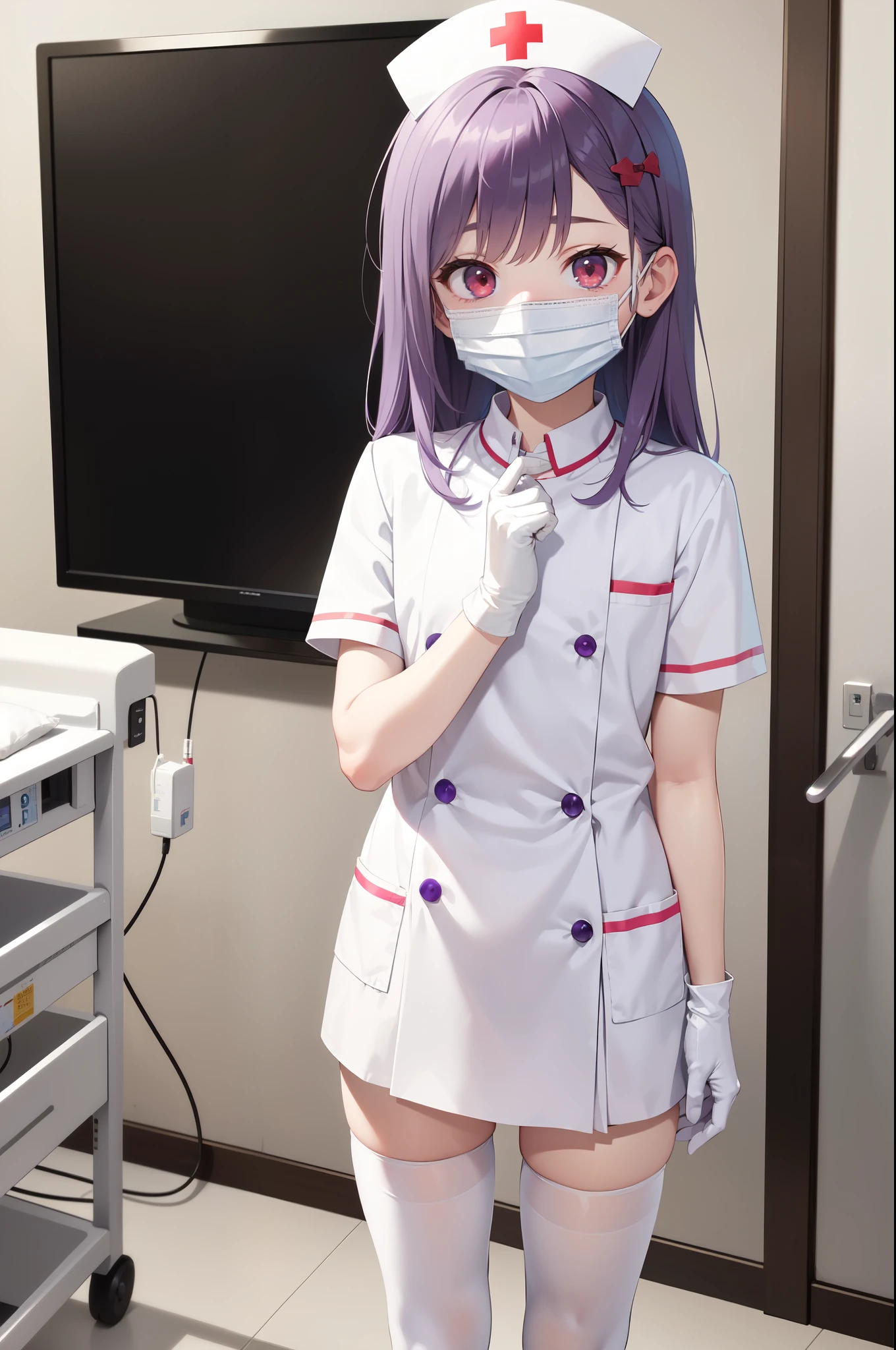 1boy, solo, male focus, nurse, white nurse cap, white nurse uniform, ((white legwear, zettai ryouiki)), white gloves, long hair, purple hair, red eyes, ((white surgical mask, covered nose)), standing, ((hospital room)), sharp outline, short sleeves, shota, , best quality, masterpiece