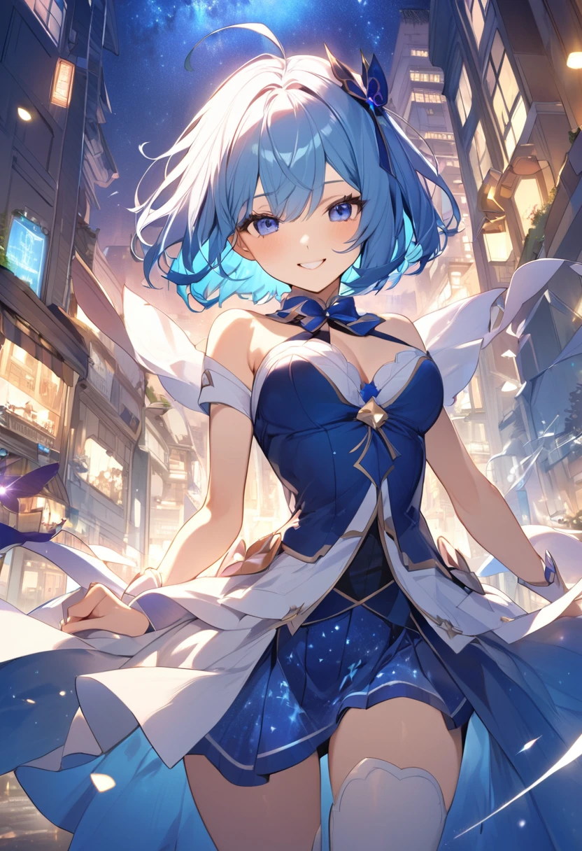 (Top quality illustrations:1.2), (pretty girl:1.1), (1 girl、), (1 girl、smile)、Bright blue hair、Short Bob Hair、Beautiful breasts、Blue haired magical girl、Flying through the night sky with magic, Looking down on the city from the sky、Blue sand, time flies、