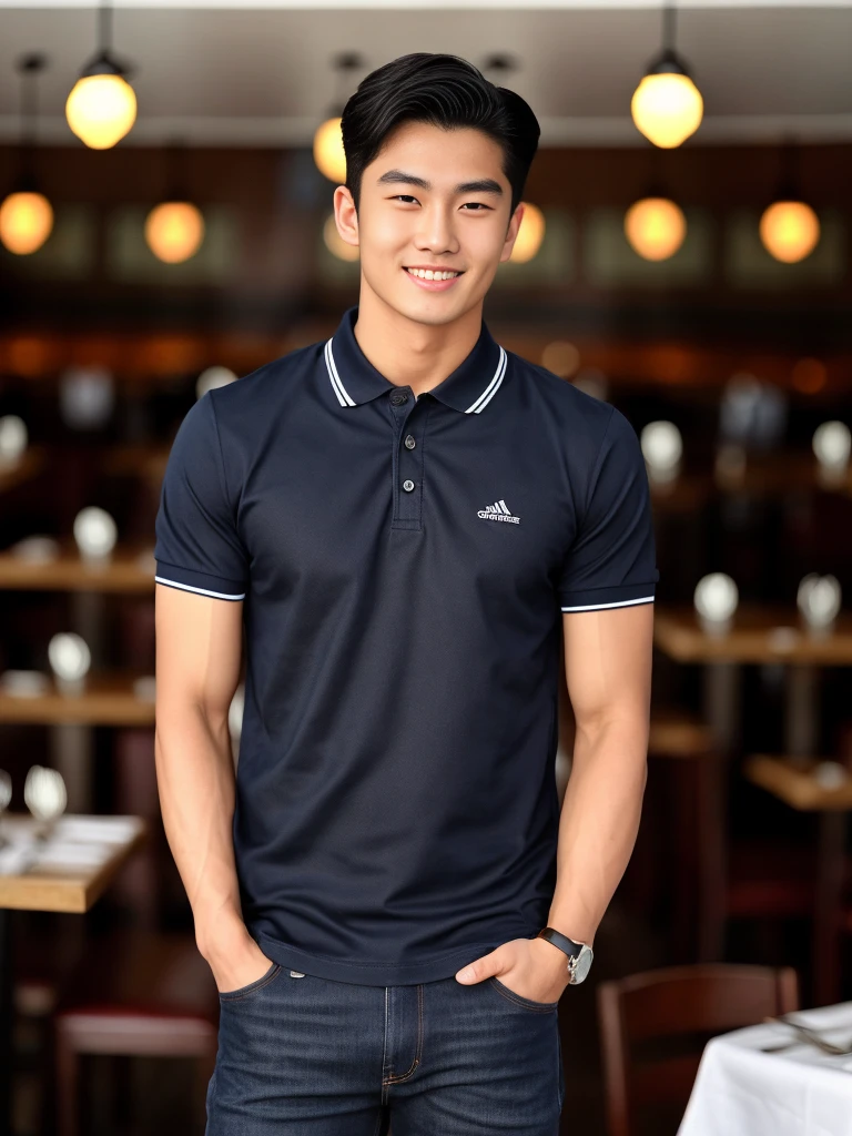 single: 1.5, (ที่TRUEแล้ว, Masterpiece, 8k HD, good light quality, sportswear, to fit the face, complicated details), A handsome Korean man with muscular arms.. , 20 years old, be happy, smile brightly, detailed face, delicate eyes, look at the sky, Wear a tight navy polo shirt..:1.6 ,Wear a denim coat.., Jeans era, black eyes, Black hair color, ผมsmooth, smooth，SurTRUE，Excellent details，Highest quality，TRUE，Open your mouth to talk.. , Close your eyes.., (Standing in a restaurant:1.5)