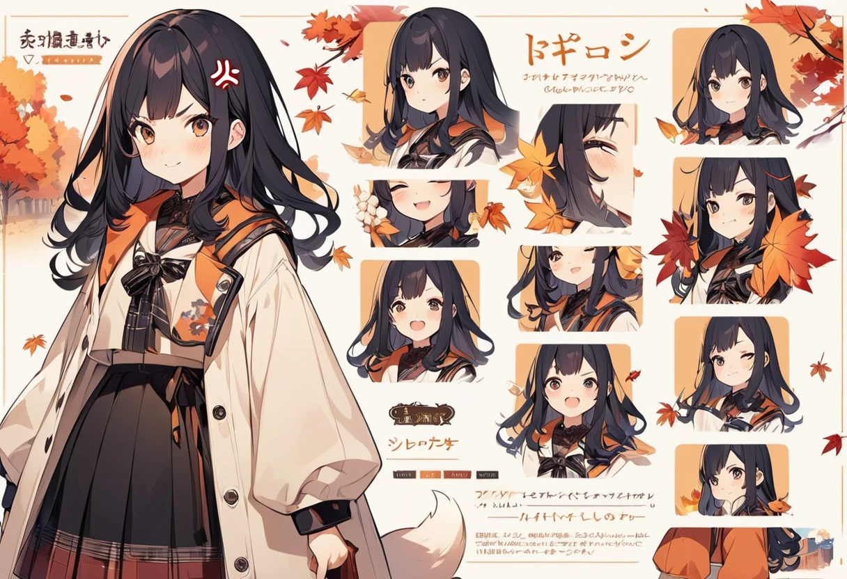 Anime, two heads, cute fox girl, autumn, multiple poses and expressions, different angles, character sheet, fashionable clothes, illustration, white background, joy, anger, sadness