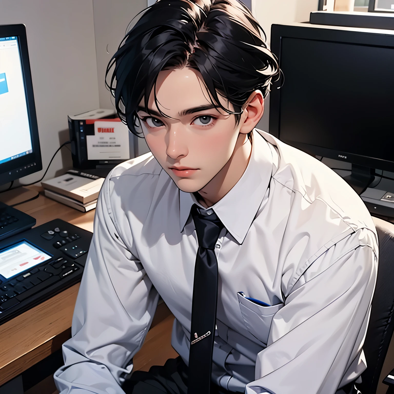 Upper body close-up image. handsome man. An intelligent impression. Wearing a shirt and tie. Black hair. Mid twenties. He is sitting in front of his computer.