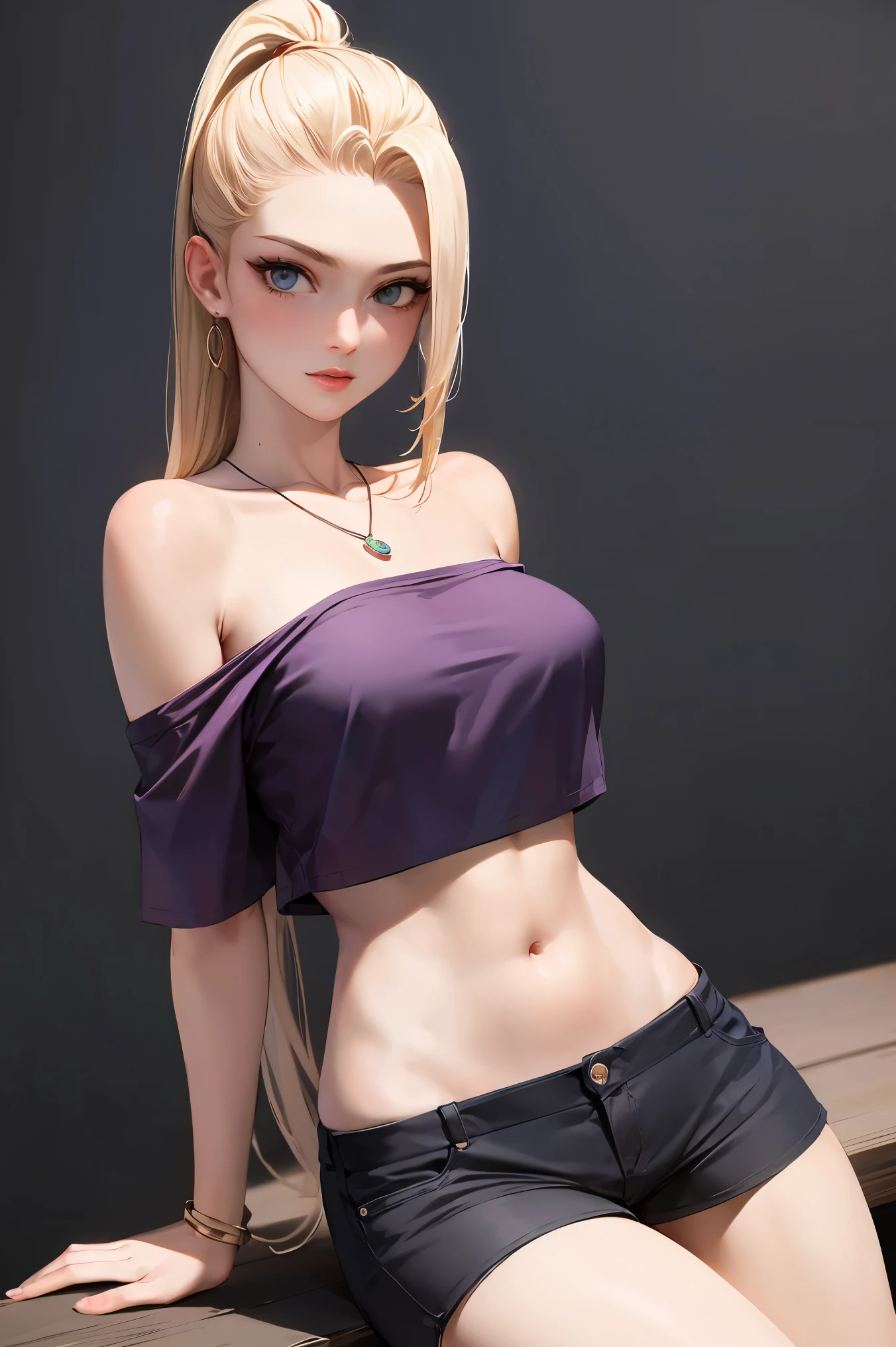 yamanaka ino, purple crop top, sleeveless, shaved armpits, long blonde hair, bangs, masterpiece,
BREAK (off-shoulder shirt, shorts, jewelry, pendant:1.2),
BREAK full bodyesbian，Standing on the ground，Slim，long leges，Stand up straight，nothing background，Slim，extra long leg，A sagging breast,arms behind back,
BREAK ((top quality, 8k, masterpiece: 1.3, ultra hd, high quality, best quality, high definition, realism)), sharp focus: 1.5, Beautiful woman with Slim body, (perfect hands, perfect anatomy),