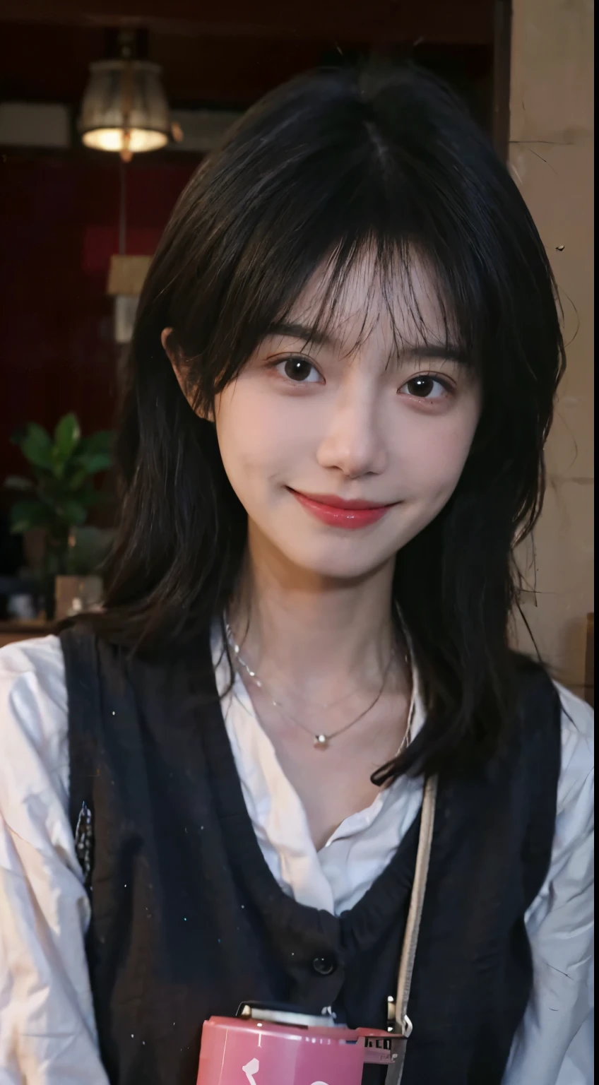 Best quality, Ultra-high resolution, (Realistically:1.4),((Medium Length Hair))),:1.2, Background blur, Bokeh:1.2, photography oF, (RAW photos:1.2), (Realistically:1.4), (masterpiece:1.3), (Intricate details:1.2), 1 Girl, solo, Japanese Girls, delicexisted, beautiFuldetails, (Delicate eyes), (detailedFacialFeexistures), , (((Small Breasts))), Firming skin, (Watching_exist_peeping exist the viewer), from_front, (emaciated), (Best quality:1.4), (Ultra-high resolution:1.2), cinemexistric light, (Extreme detail illustrexistion), (Lip gloss, Best quality, Ultra-high resolution, depth oF Fields, Caustics, Wide lighting, nexisturalshadow, 85 mm, F/1.4, iso 200, 1/160 sec:0.75),1 Girl, solo, (((Blue vest)))Smile, Uniforms, Necklace,