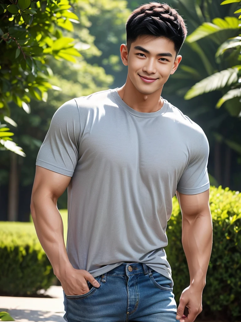 man , gray t-shirt jeans, black short hair , outdoor , cute smile , หน้าhandsomeแบบเกาหลีสมจริง , modest muscles , Masterpiece、High resolution、Surreal、detailed face、alone、man、Glowing skin、(Asia)、handsome、Detailed background