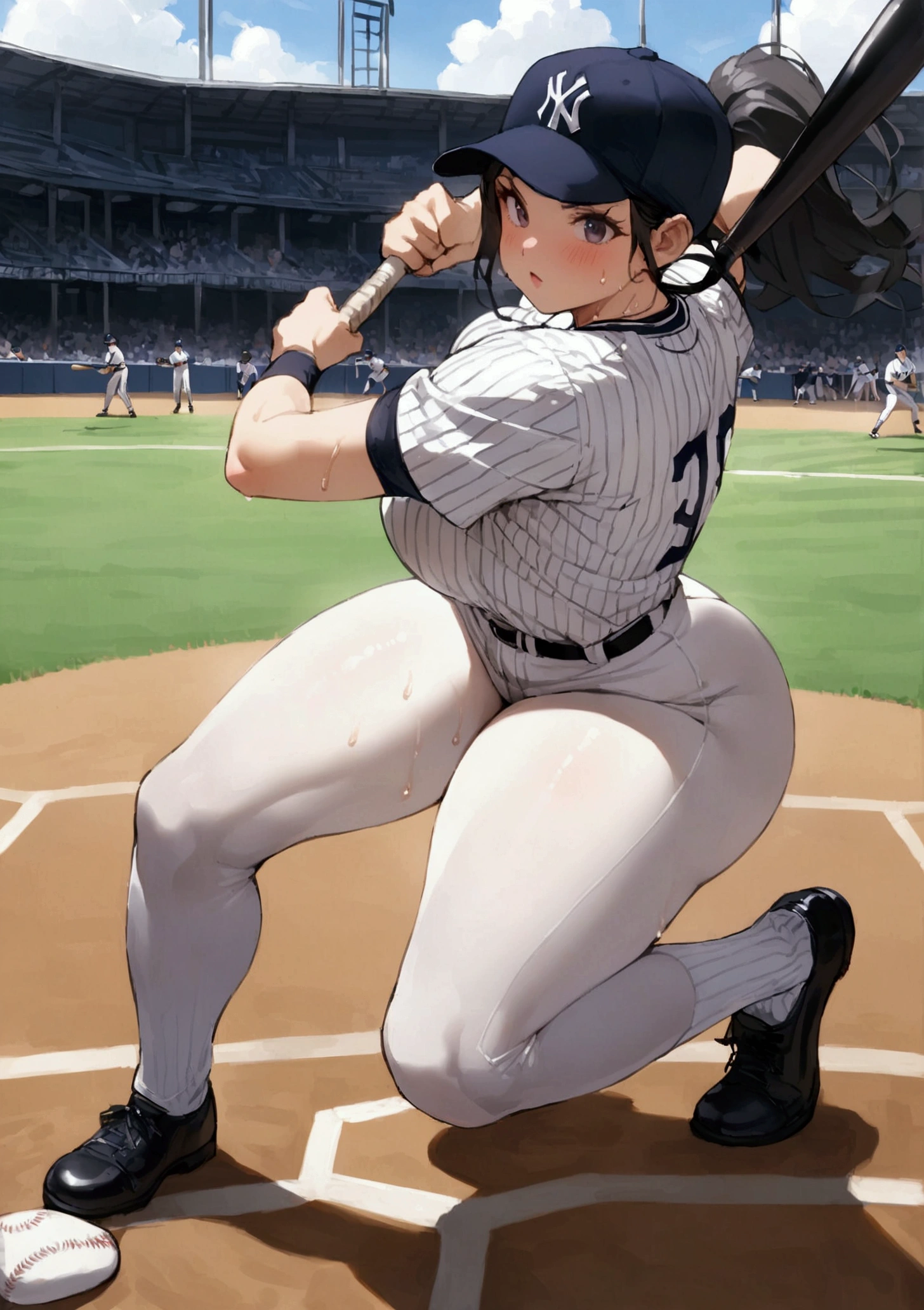 One woman、beautiful girl、high school girl、Baseball uniform、Yankees uniforms、Tight hot pants、Clear panty line、Baseball cap、ponytail、Long Hair、baseball Ground、Batter、Batterボックス、Holding a bat、Baseball Swing、The stands are packed、swinging a bat、Hitting a baseball、Home Run、Highest quality, Thick thighs、Big 、Big Ass、Black Hair、Sweaty body、Ichiro's batting style、Number 51、Hit the ball