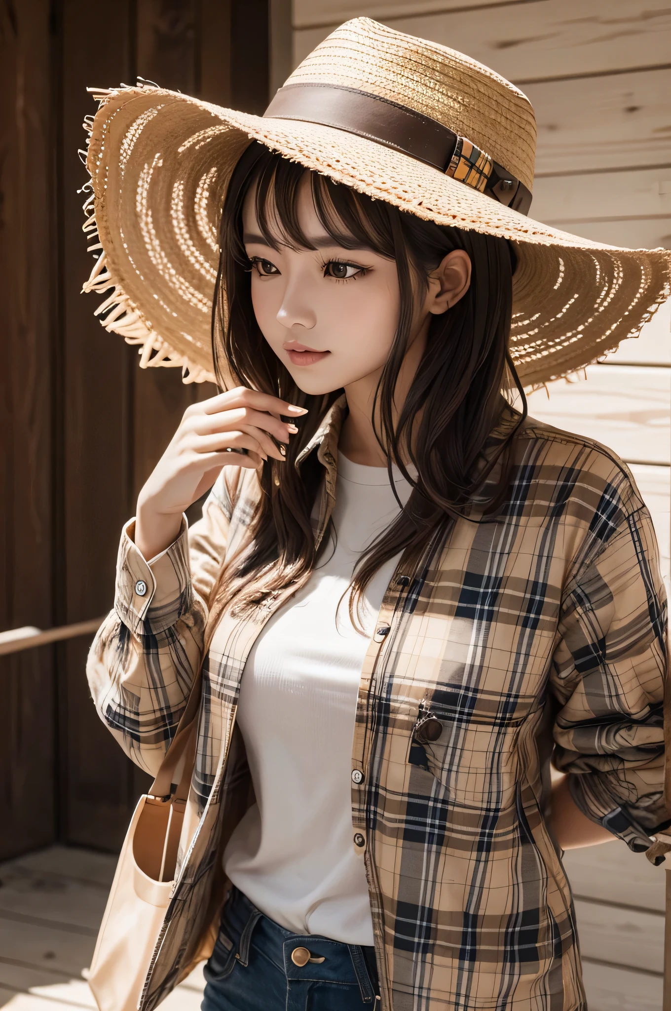 wolves( animal), wearing a plaid shirt and wearing a straw hat