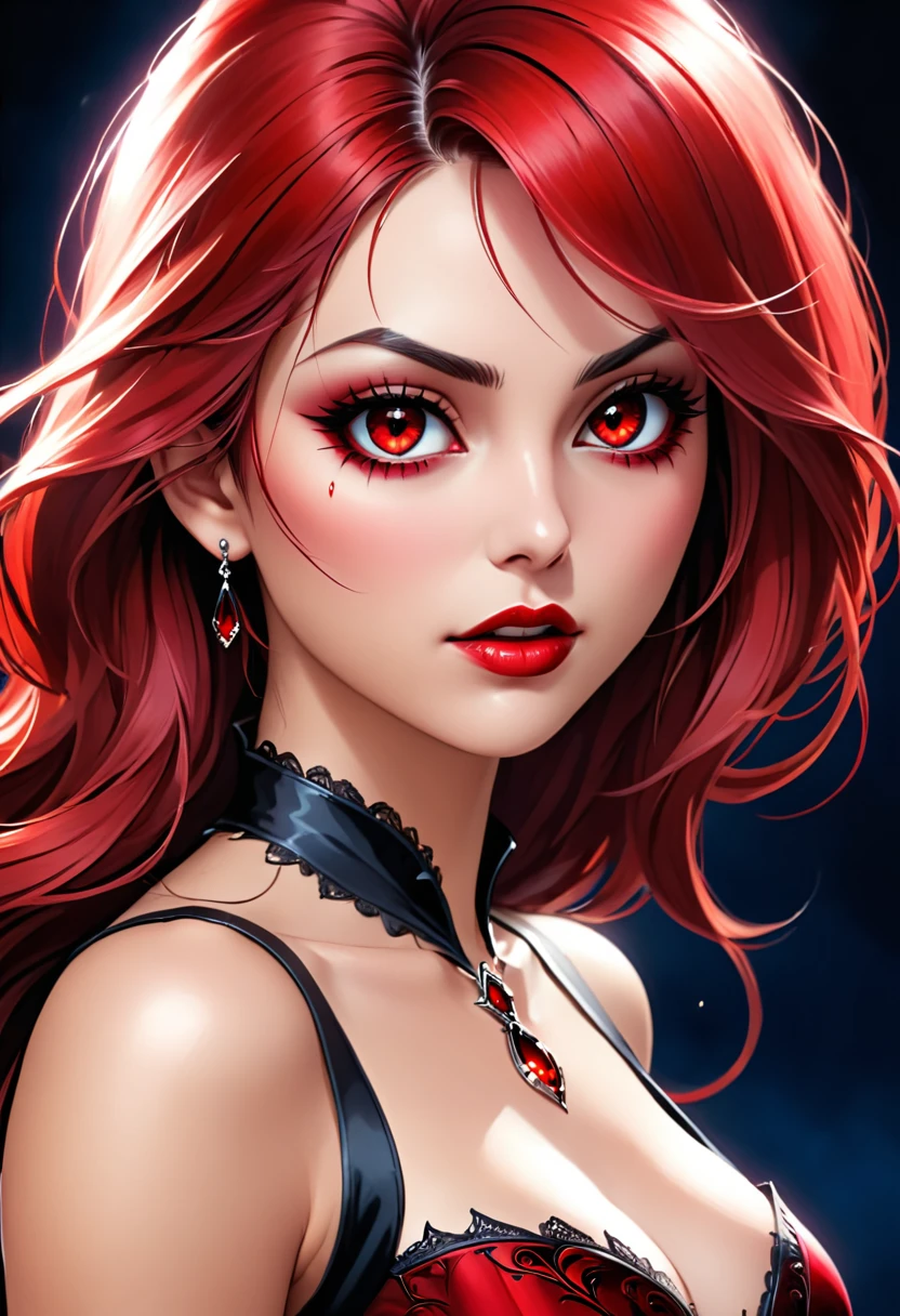 a portrait of vampire with a bloody tear coming down from he eye, an exotic beautiful female vampire, dynamic hair color, dynamic hair style, ultra detailed face, best detailed face, dynamic eye color, ((1single red teardrop, teardrop made of blood coming down from the eye: 1.3)), Ultra-high resolution, High Contrast, (masterpiece:1.5), highest quality, Best aesthetics), 16K fantasy art, best details, best quality, highres, (ultra wide angle: 1.2), 16k, [ultra detailed], masterpiece, best quality, (extremely detailed), ladyshadow, magical sky, crying style