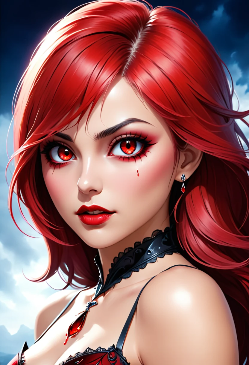 a portrait of vampire with a bloody tear coming down from he eye, an exotic beautiful female vampire, dynamic hair color, dynamic hair style, ultra detailed face, best detailed face, dynamic eye color, ((1single red teardrop, teardrop made of blood coming down from the eye: 1.3)), Ultra-high resolution, High Contrast, (masterpiece:1.5), highest quality, Best aesthetics), 16K fantasy art, best details, best quality, highres, (ultra wide angle: 1.2), 16k, [ultra detailed], masterpiece, best quality, (extremely detailed), ladyshadow, magical sky, crying style